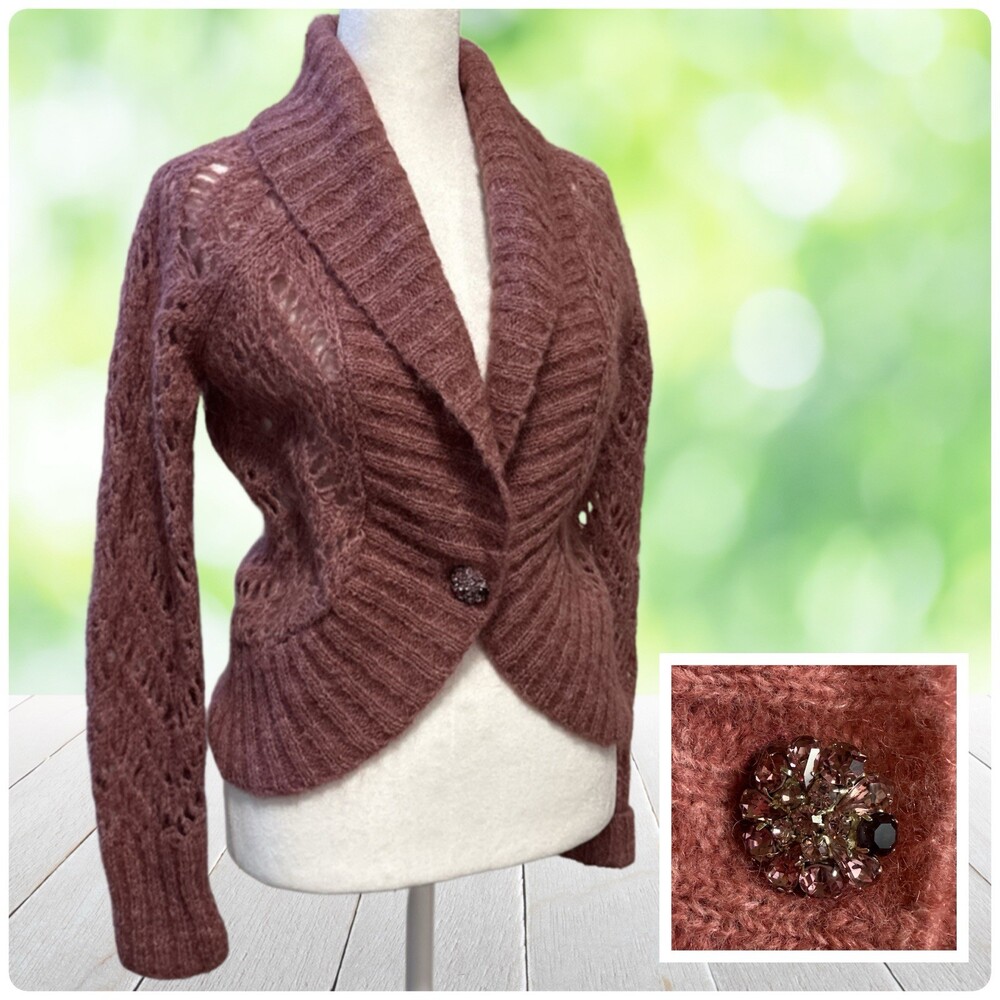 Vintage ANN TAYLOR Mohair Lace Knit Cardigan Jeweled Button Shawl Collar Mauve S